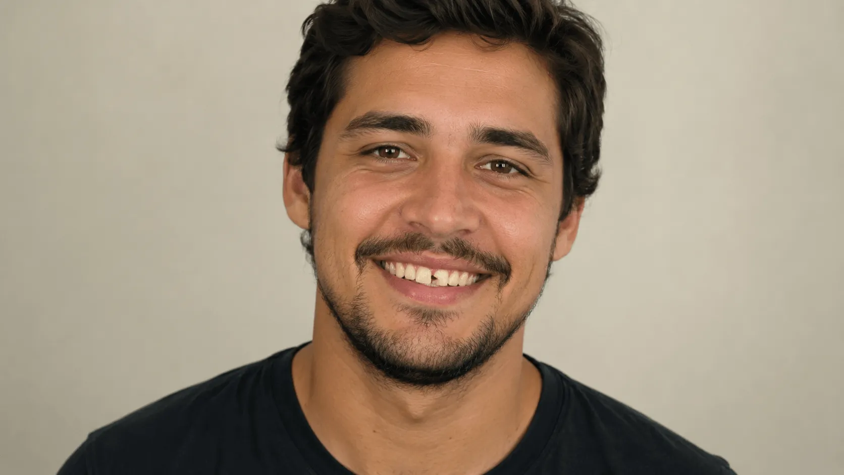 Caso 5 antes, dente frontal lascado visível no sorriso