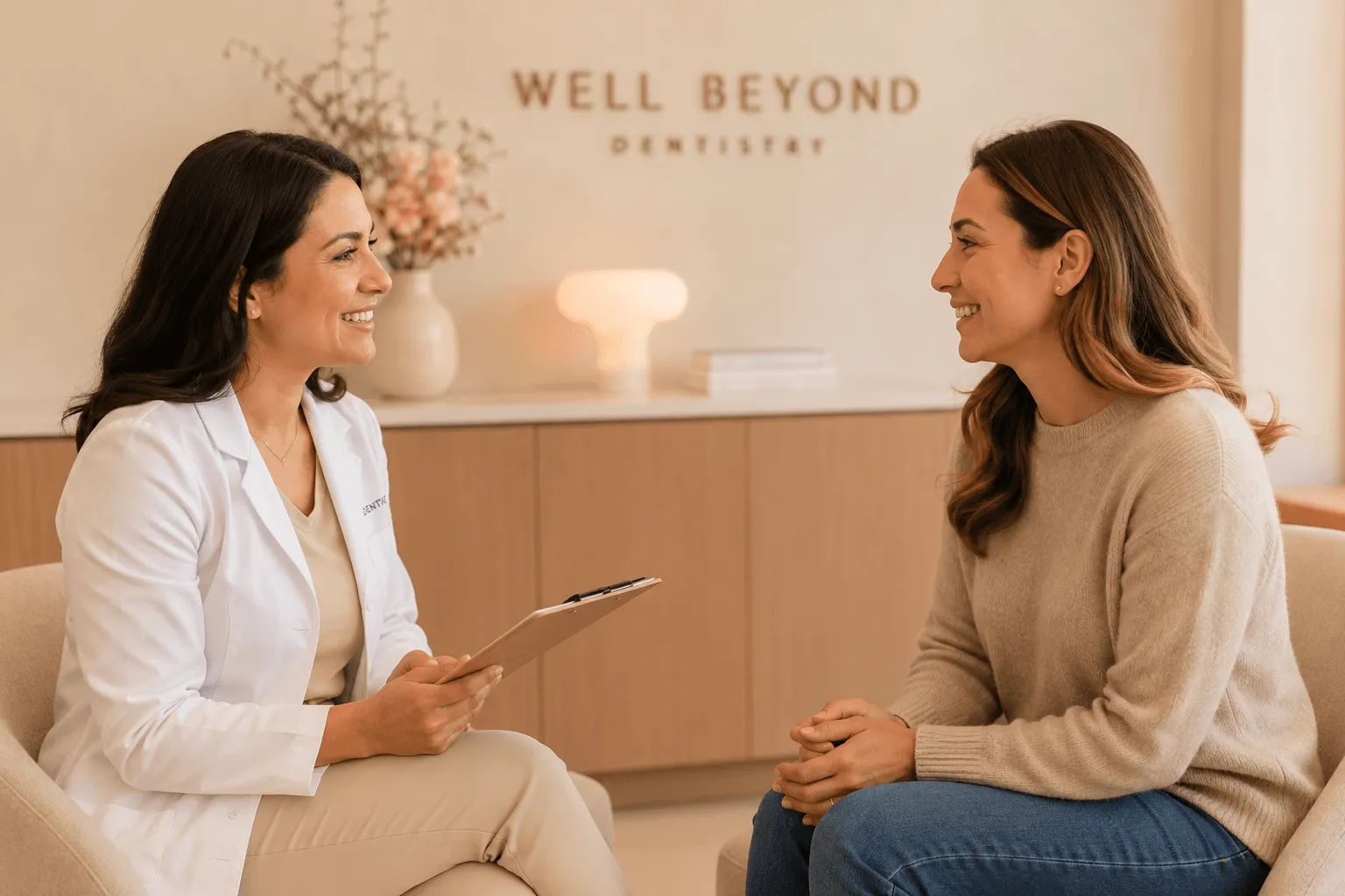 Dentista conversando com paciente em consulta de avaliação inicial