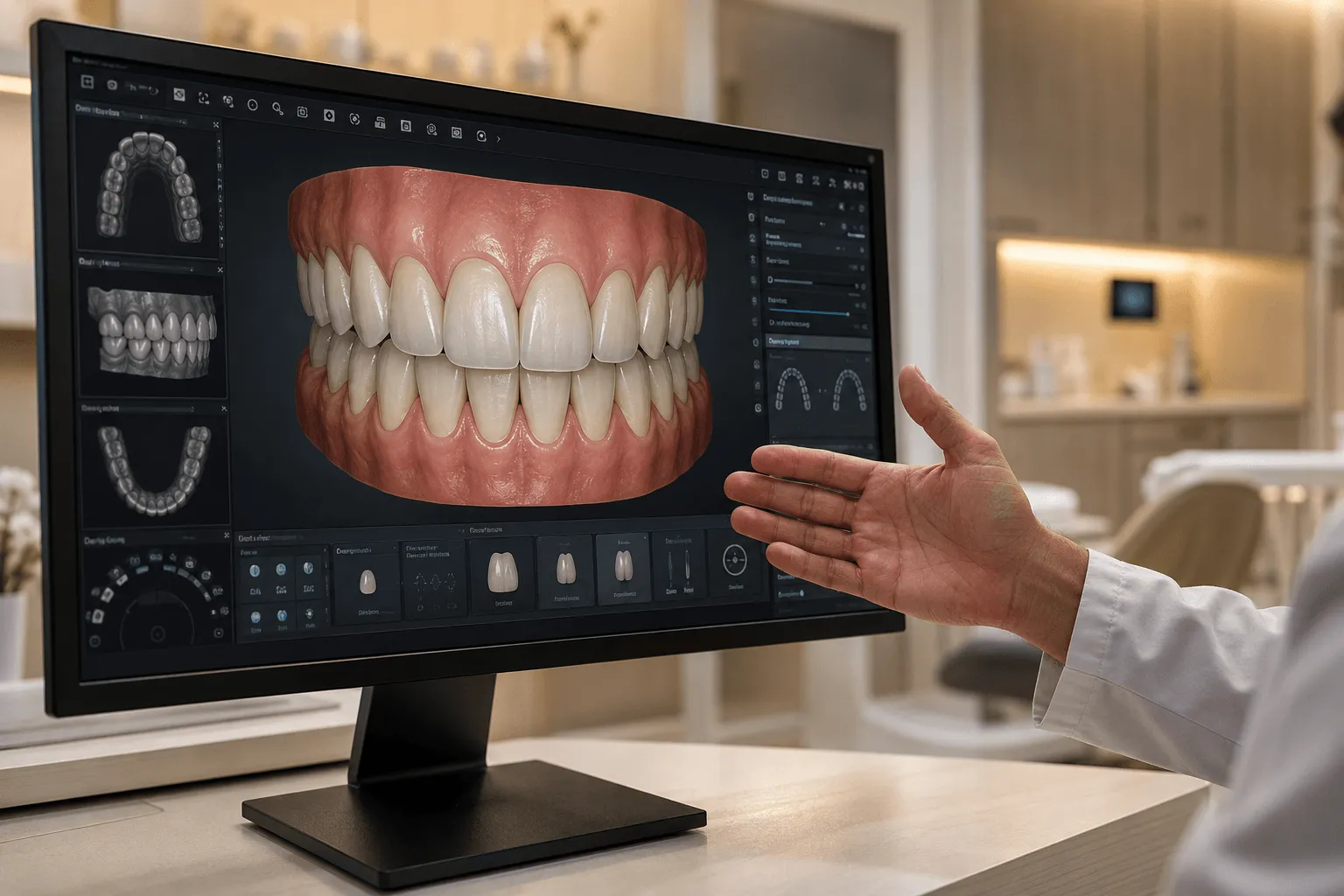 Tela com software de Digital Smile Design exibindo simulação 3D do sorriso