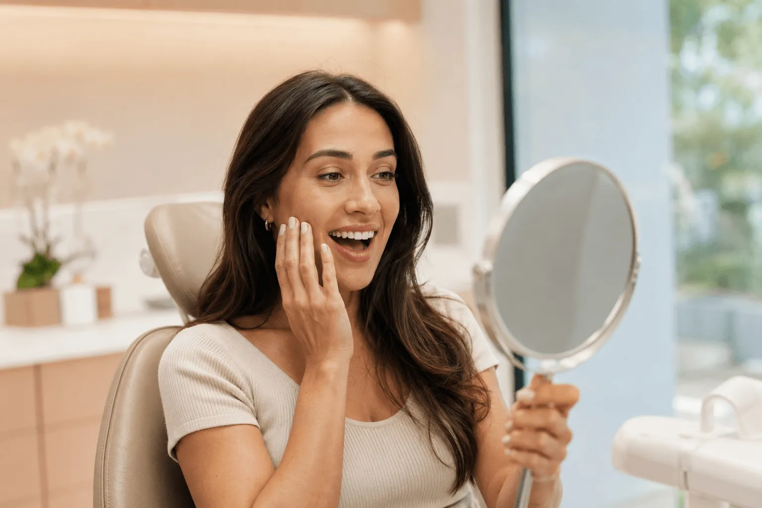 Paciente vendo prévia do novo sorriso no espelho com expressão de surpresa positiva